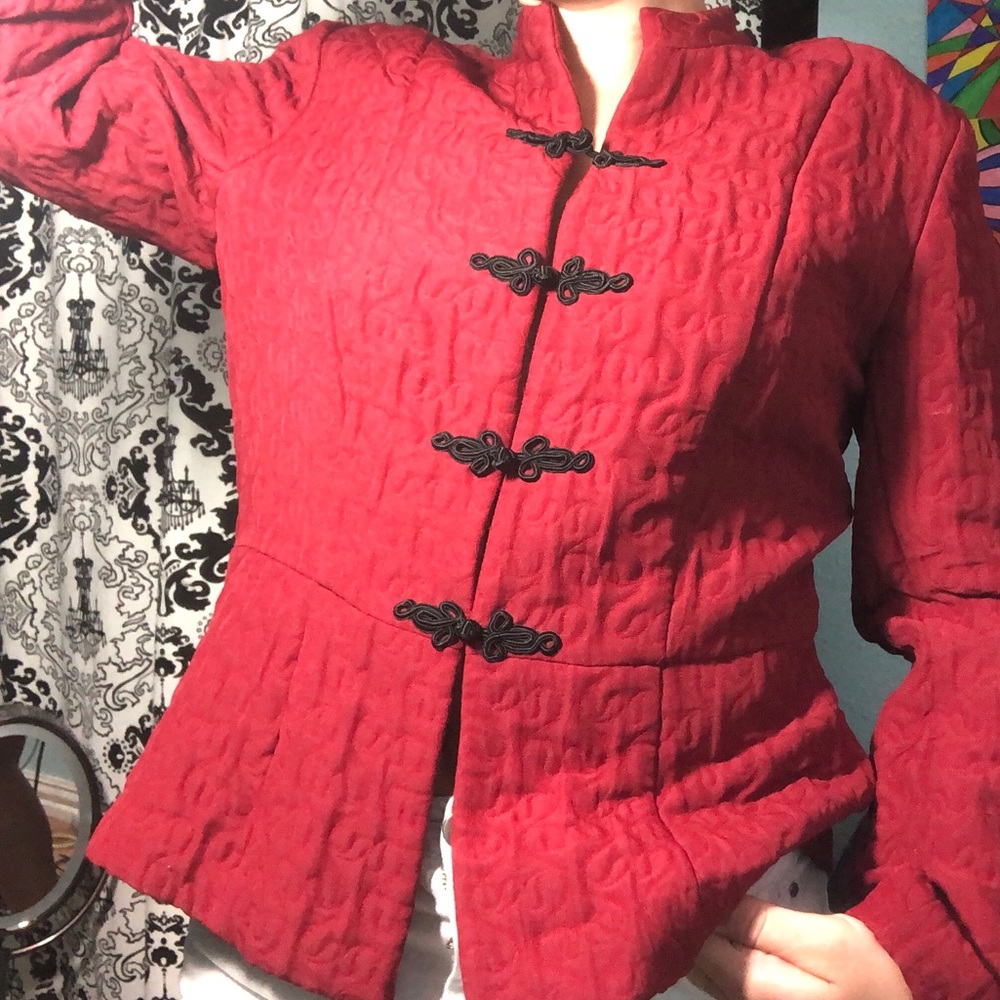 designer quilted red long sleeve coat